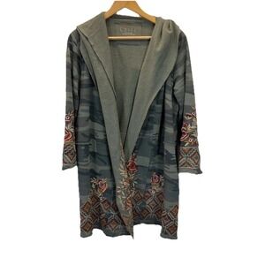 Caite Cardigan LG Green Embroidered Hooded Open Front Boho Camo long